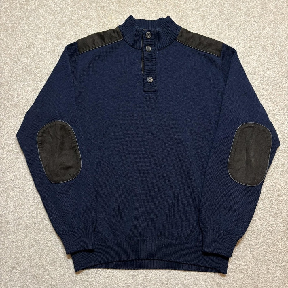 Paul & Shark Sweater Mens‎ Medium Navy Wool Henley Mock Neck Elbow Patch Italy